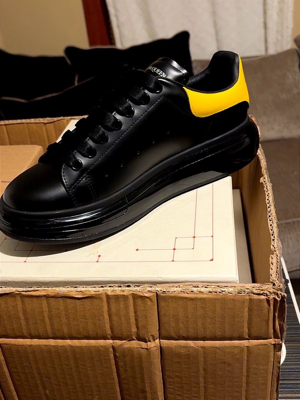 Alexander McQueen Black Leather Sneakers with Yellow Heel Panel - Picture 3 of 7